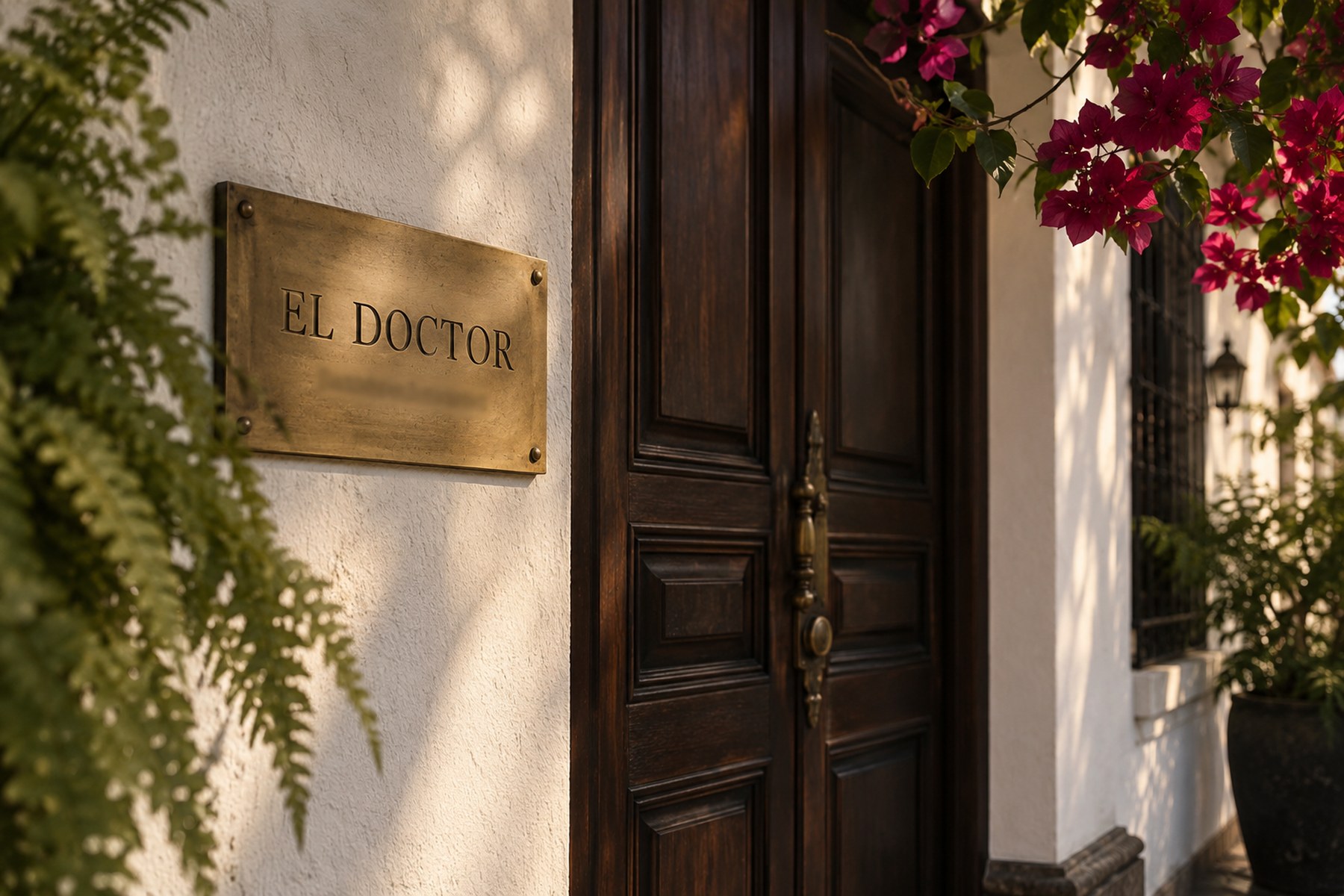 Placa de bronce con la inscripción EL DOCTOR junto a puerta colonial en el Poblado.