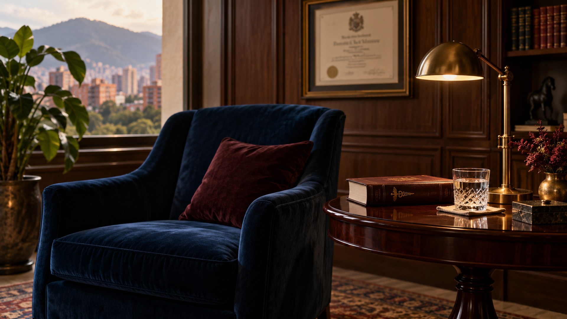 Private consulting office in El Poblado, Medellín — mahogany desk with brass reading lamp.